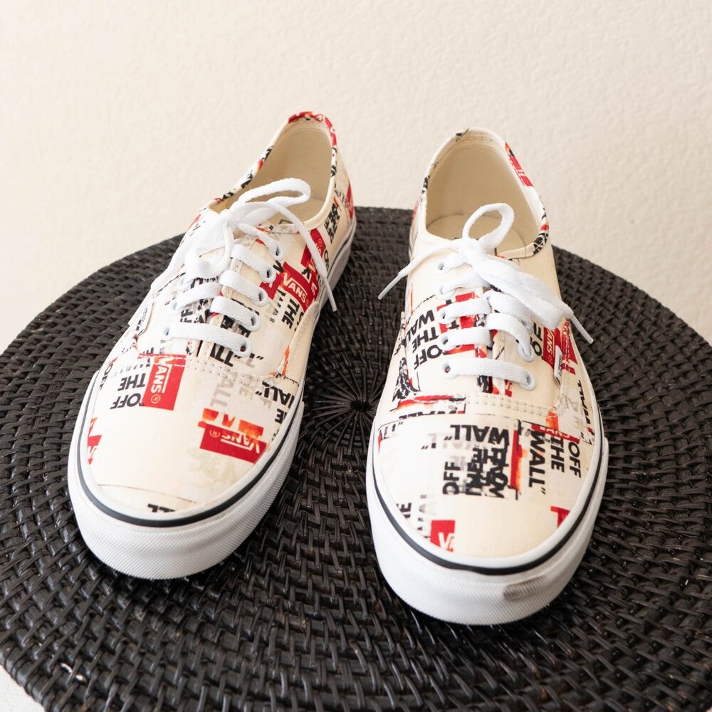 Vans Off The Wall Packing Tape Print Sneakers Mens 10.5 Cream Red Canvas Shoes - Picture 4 of 9